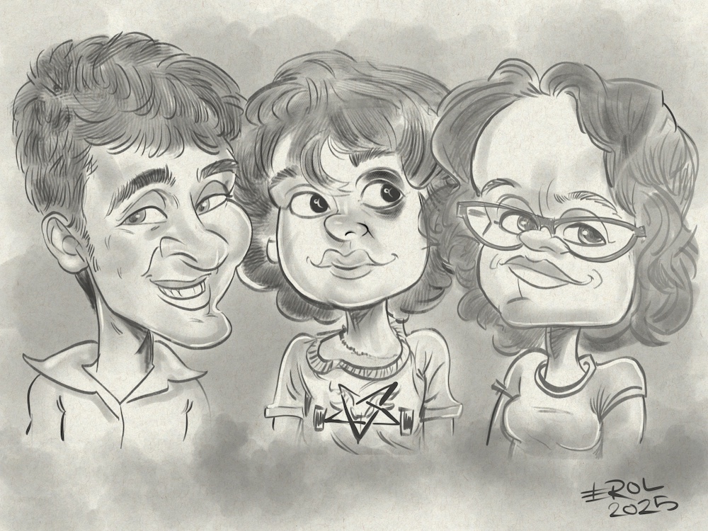 Digitale Familienkarikatur im Bleistiftstil, humorvolle Schwarz-Weiß-Porträts nach Fotovorlage.