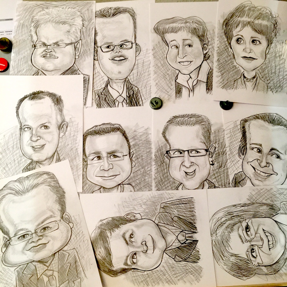 Handgezeichnete Bleistiftkarikaturen nach Fotovorlagen für eine berkannte Schrauben-und Werkzeugfirma: klassische, humorvolle Schwarz-Weiß-Porträts auf Papier.