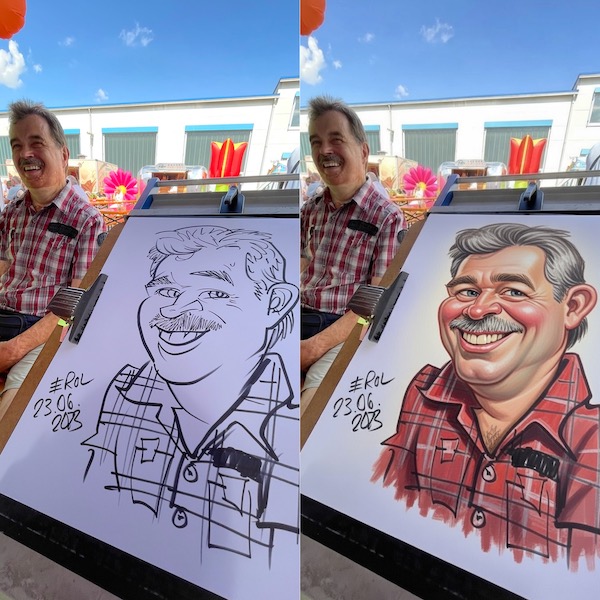 Klassische Karikatur nebst der KI-Kolorierung