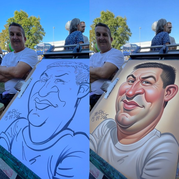 Klassische Karikatur nebst der KI-kolorierten Version