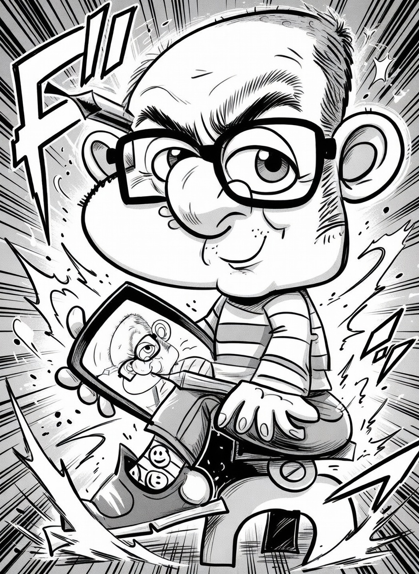 Expressive Schwarzweiß-Karikatur mit Papierstruktur