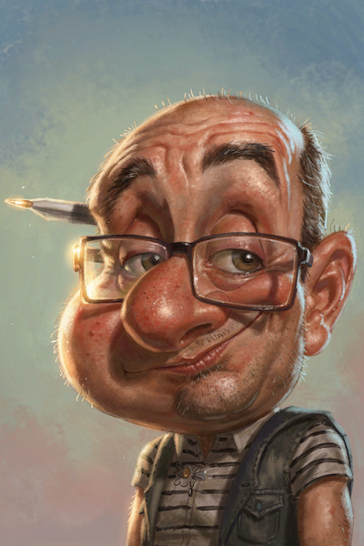 Realistisch gemalte Karikatur mit Licht und Volumen