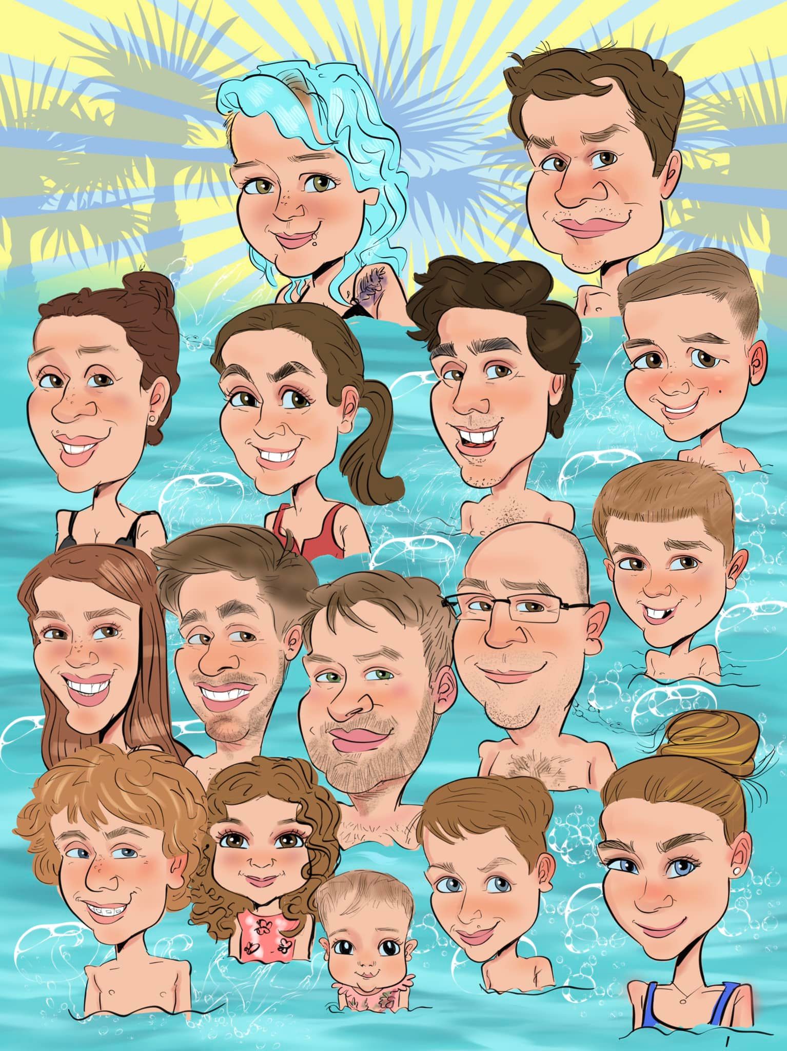 Gruppenkarikatur im Badeparadies Schwarzwald – Badegäste im Schwimmbecken