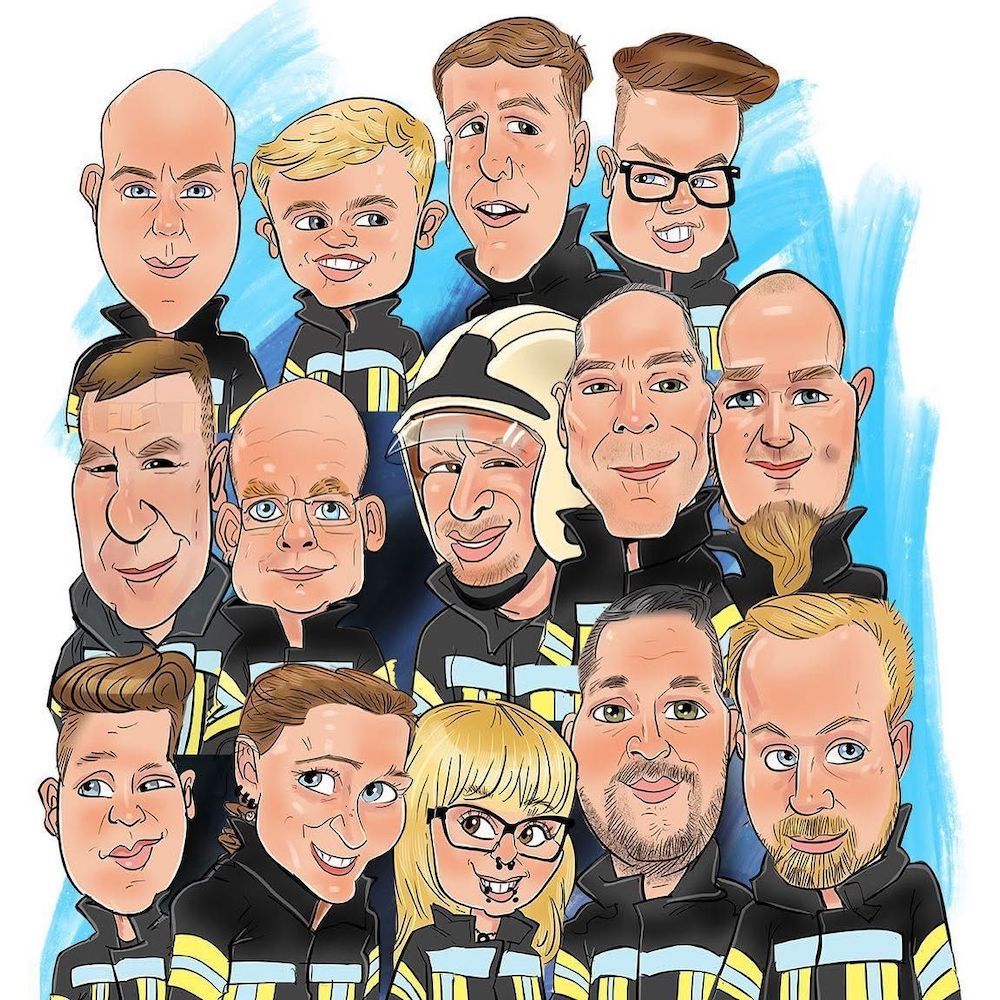Gruppen-Karikatur für einen Löschzug der Feuerwehr