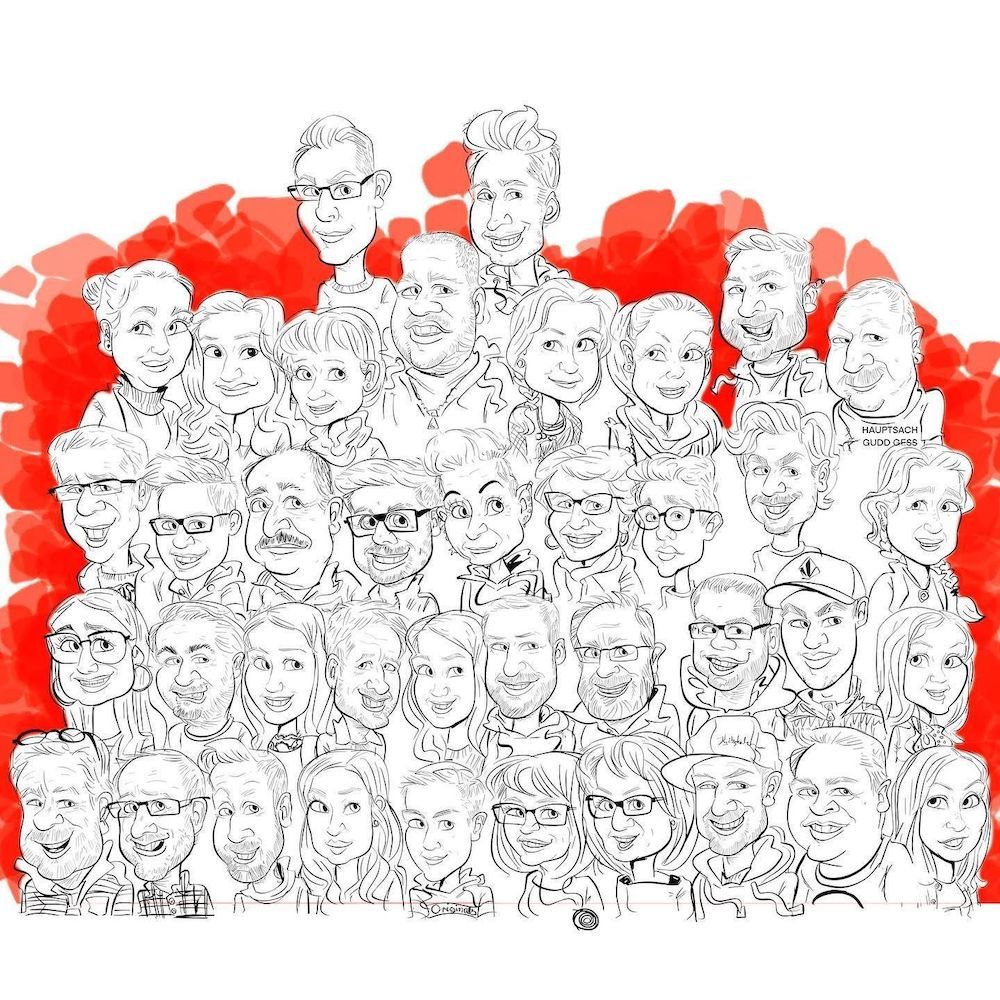 Digitale Gruppenkarikatur eines Musikvereins – mit Fokus auf Zusammenhalt, jugendliche Energie und dem Spagat zwischen Tradition und modernem Lifestyle. Handgezeichnet auf dem iPad.“