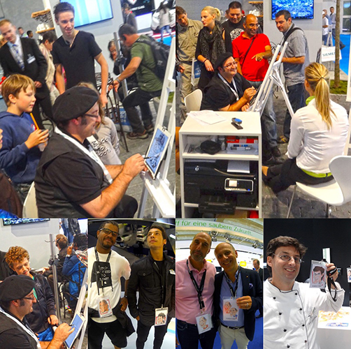 Erol zeichnet digitale iPad-Karikaturen an Messeständen auf der IAA in Frankfurt.